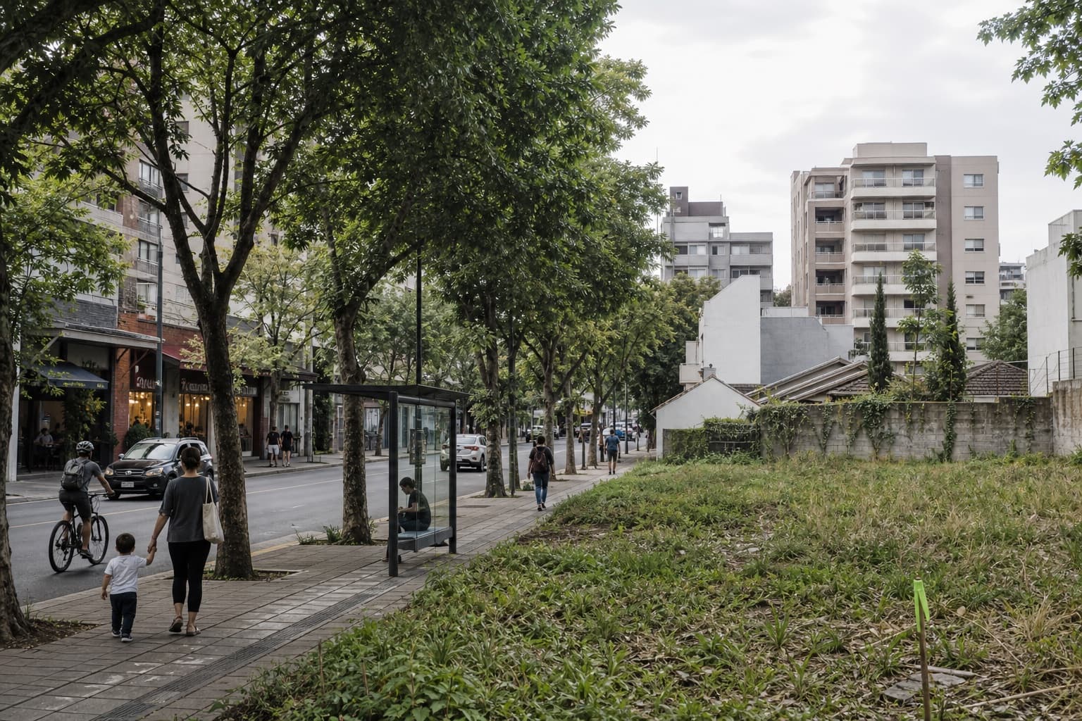 Cena urbana ilustrativa com comércio, transporte, pessoas, árvores e um terreno vazio.