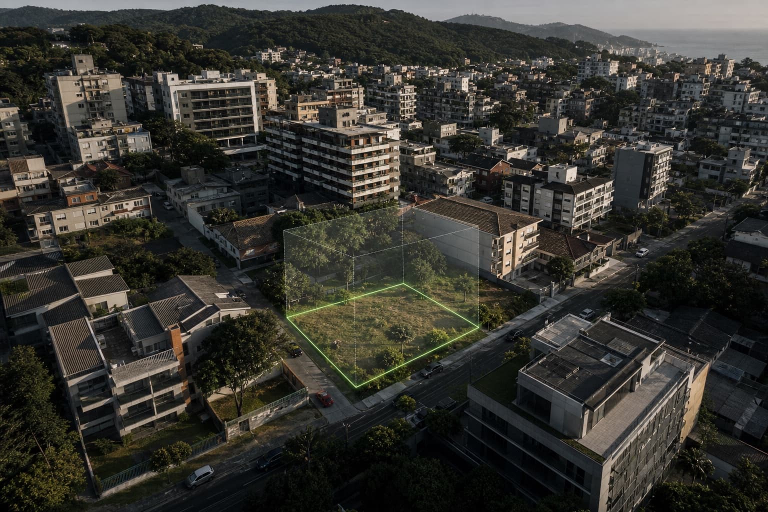 Vista aérea ilustrativa de um lote urbano destacado em verde.